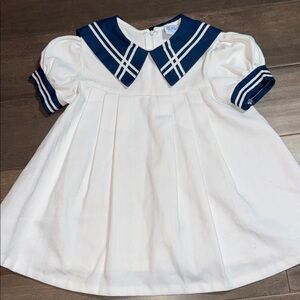 Vintage White Sailor Dress Navy Trim Puff Sleeve Size 3T